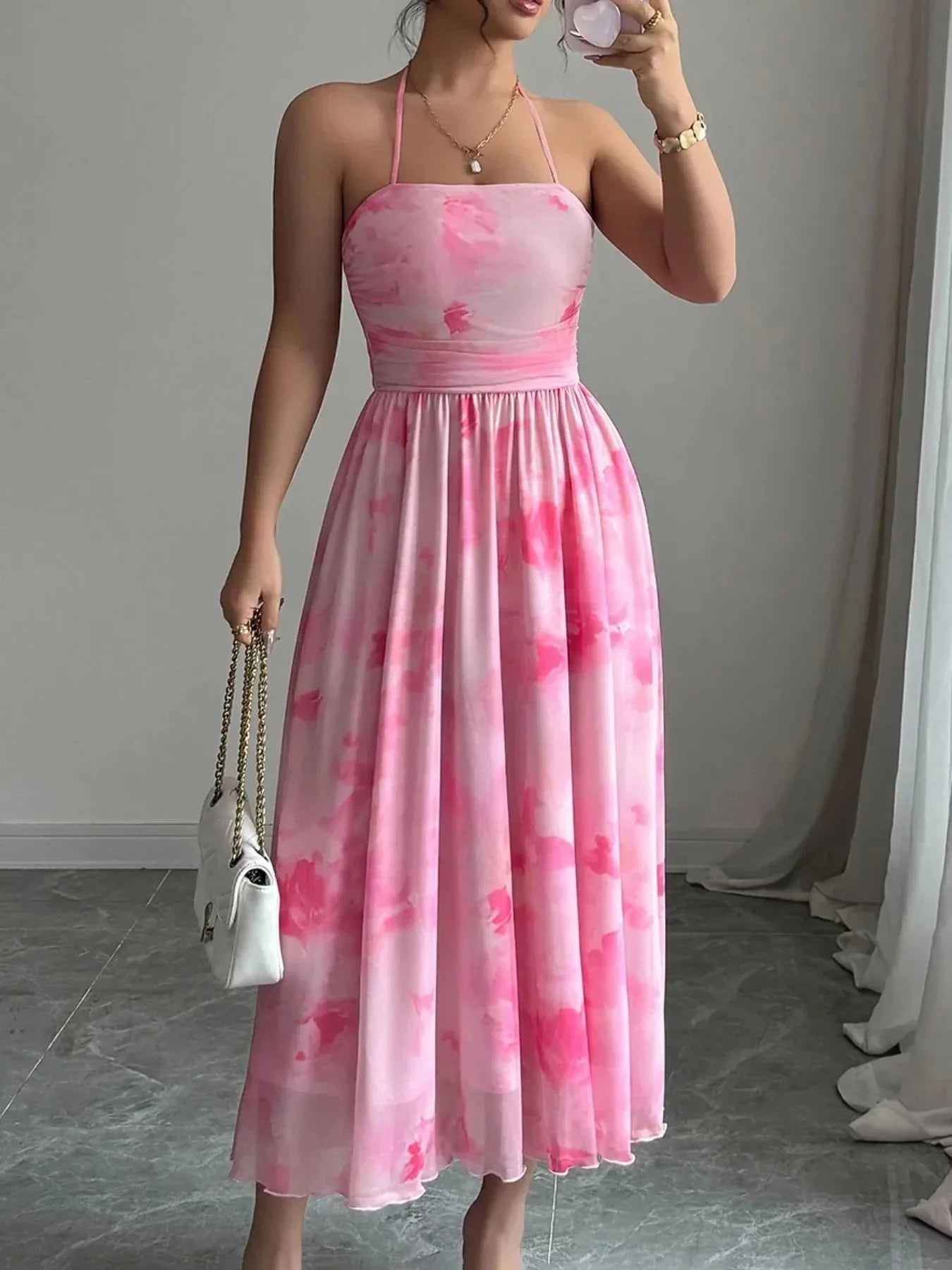 Tie - Dye Halter Sleeveless Midi Dress - VILLA FASHION